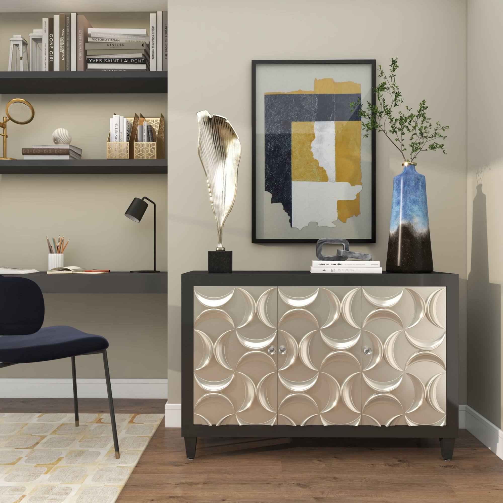 20" Blue Glass Galaxy Inspired Abstract Vase with Gold Top